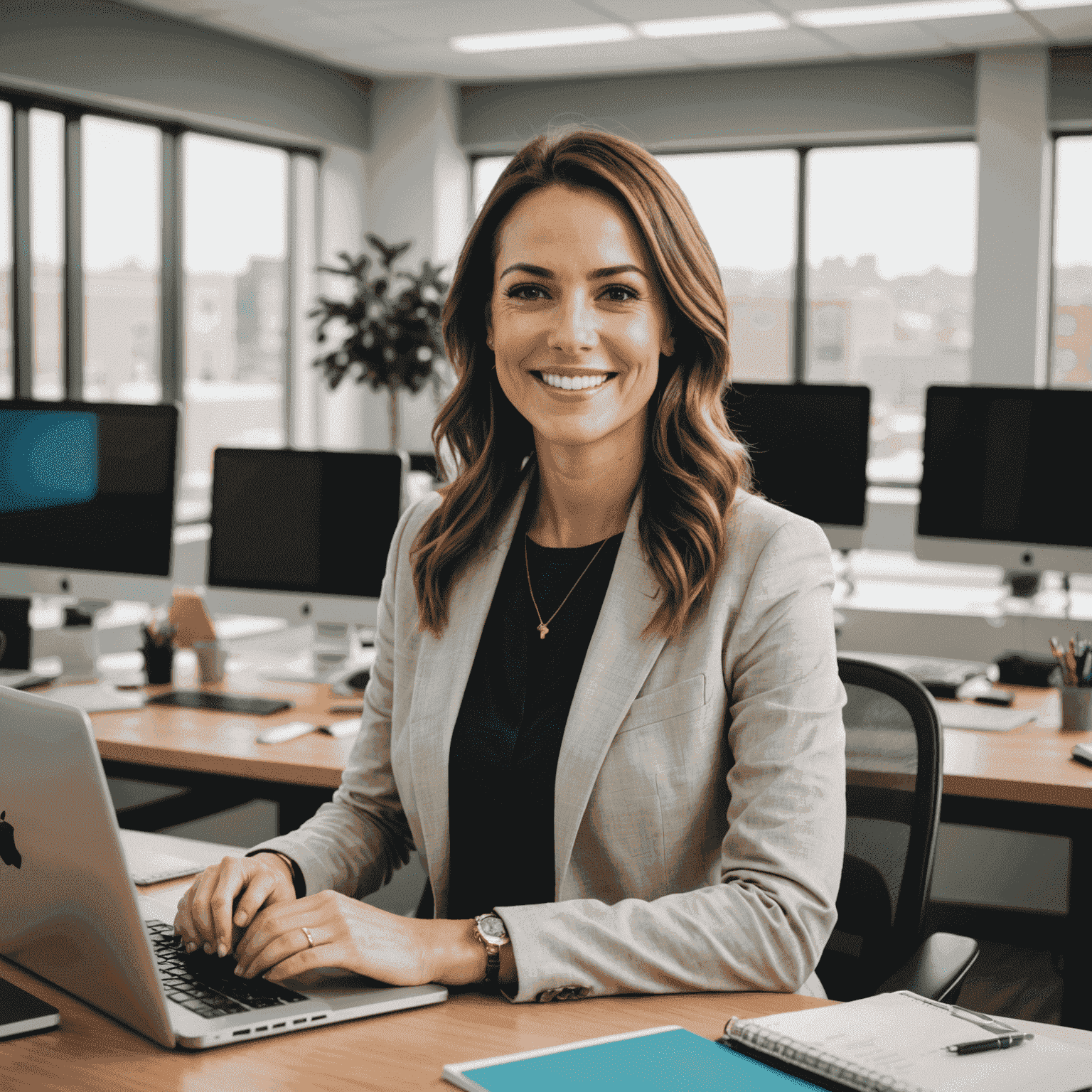 Sarah J. smiling confidently at her new office desk, surrounded by modern technology and a bright, open workspace