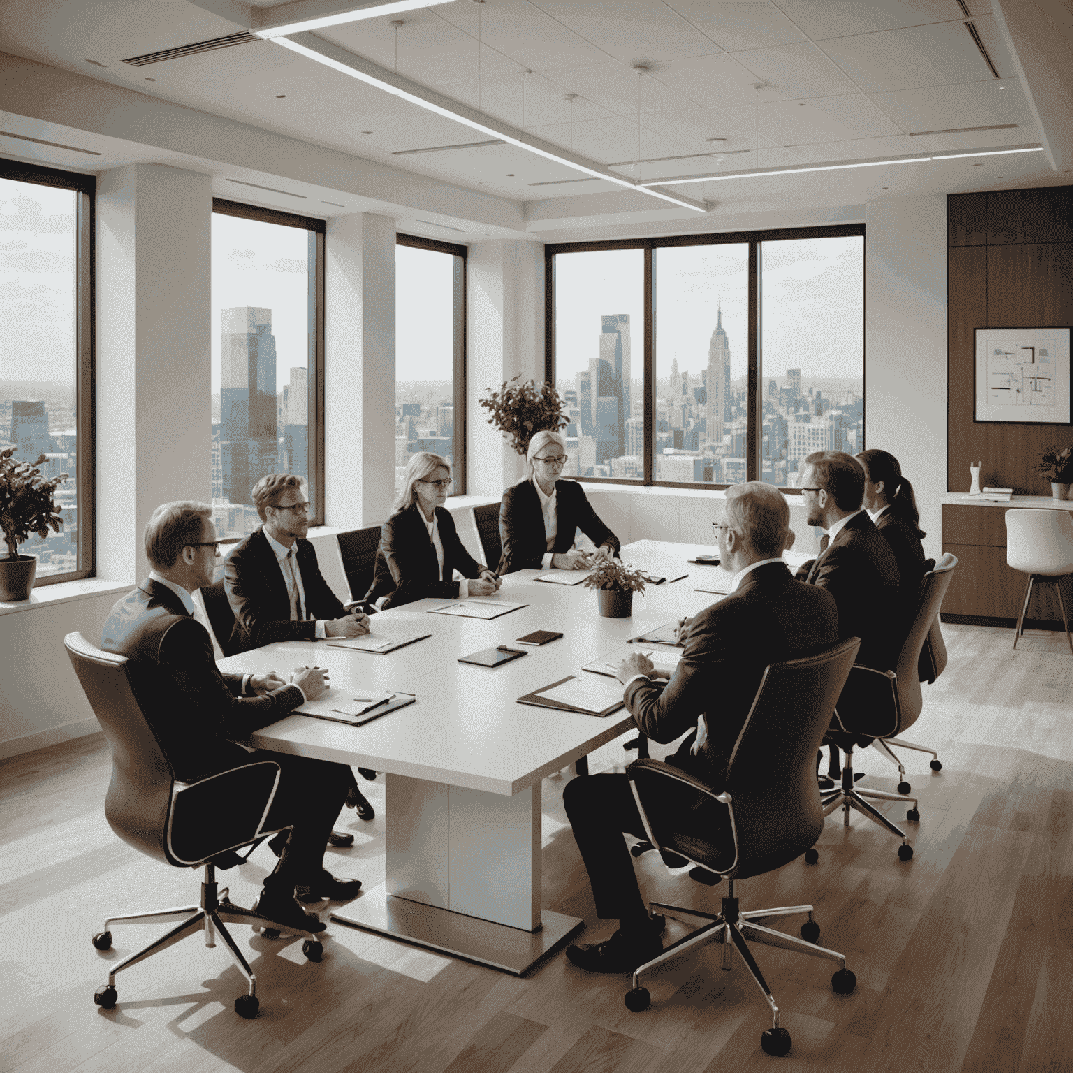 A group of professional executives in a modern office setting, discussing strategy around a sleek conference table. The image conveys leadership, expertise, and high-level decision-making.