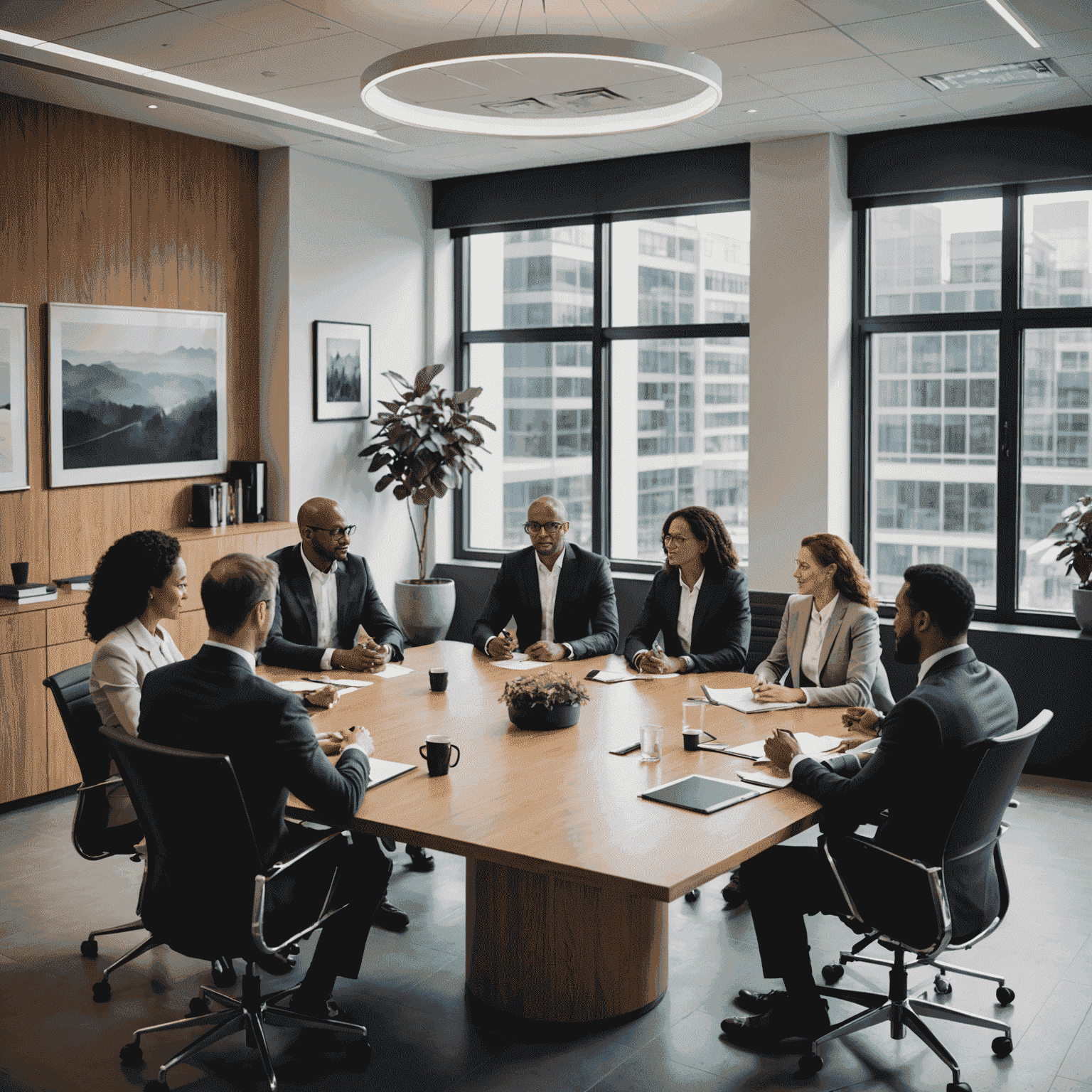 A diverse group of professional executives in a modern office setting, discussing strategy around a sleek conference table. The image conveys leadership, collaboration, and innovation.