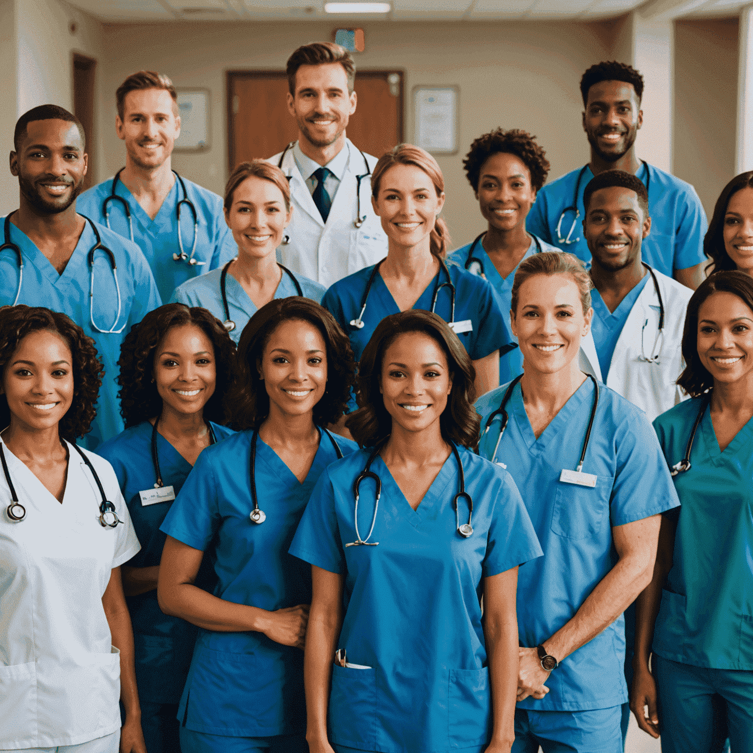 A diverse group of healthcare professionals, including nurses, doctors, and specialists, standing together in a modern hospital setting. They are wearing various medical uniforms and have welcoming expressions, symbolizing the wide range of medical staffing solutions offered by Alliant Recruitment Company.