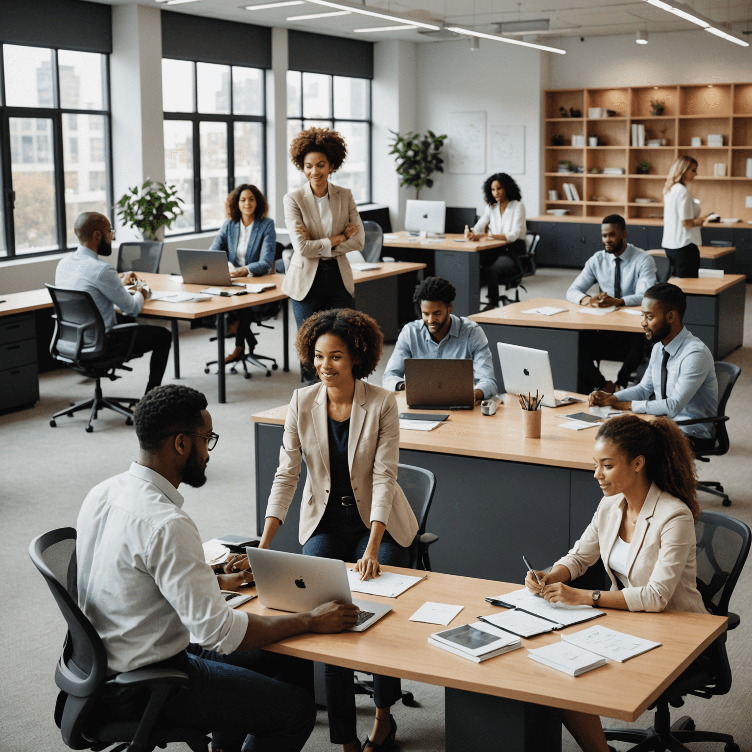 Diverse group of temporary workers collaborating in a modern office setting, showcasing flexibility and teamwork