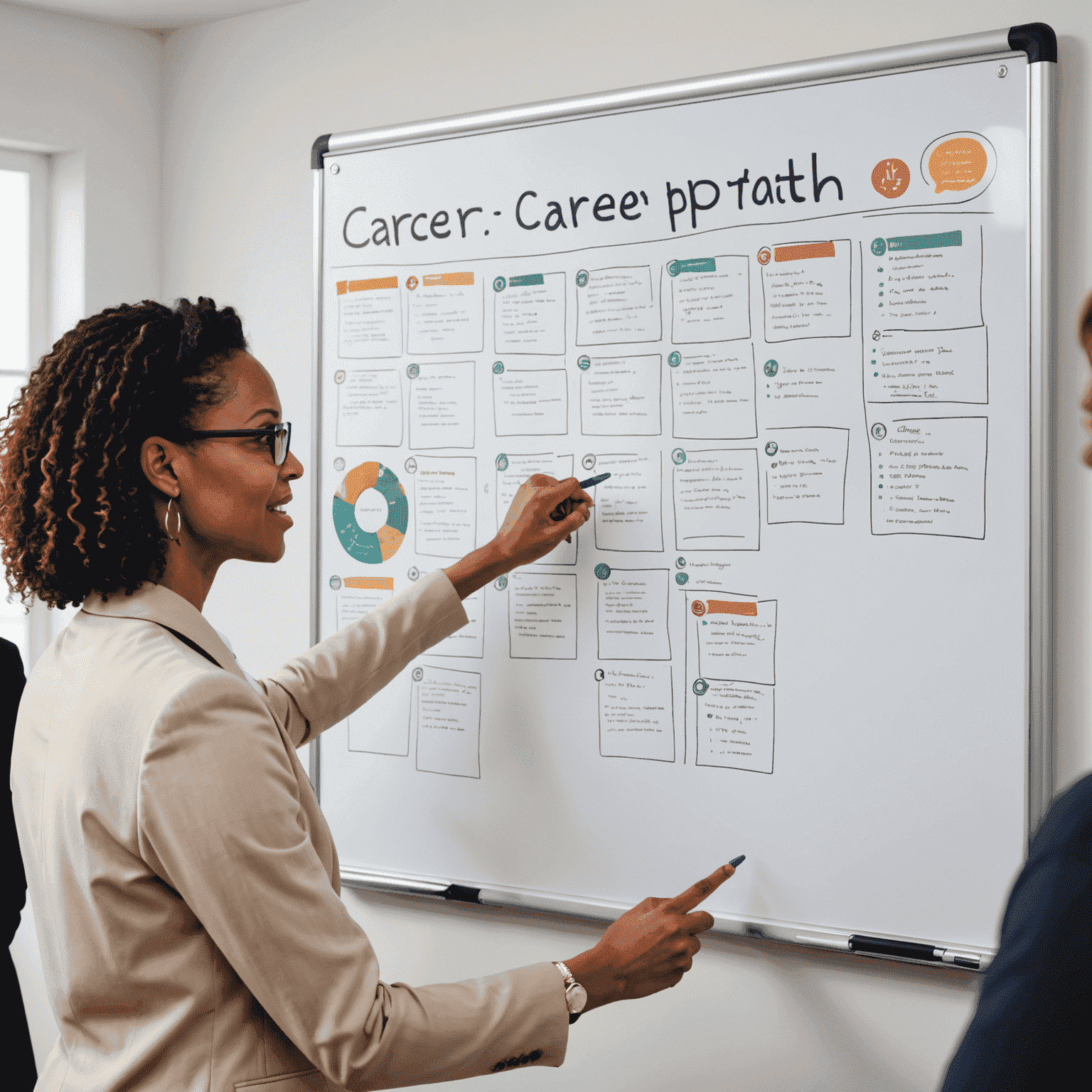 A professional career coach guiding a diverse group of job seekers, pointing at a whiteboard with career path illustrations and resume tips