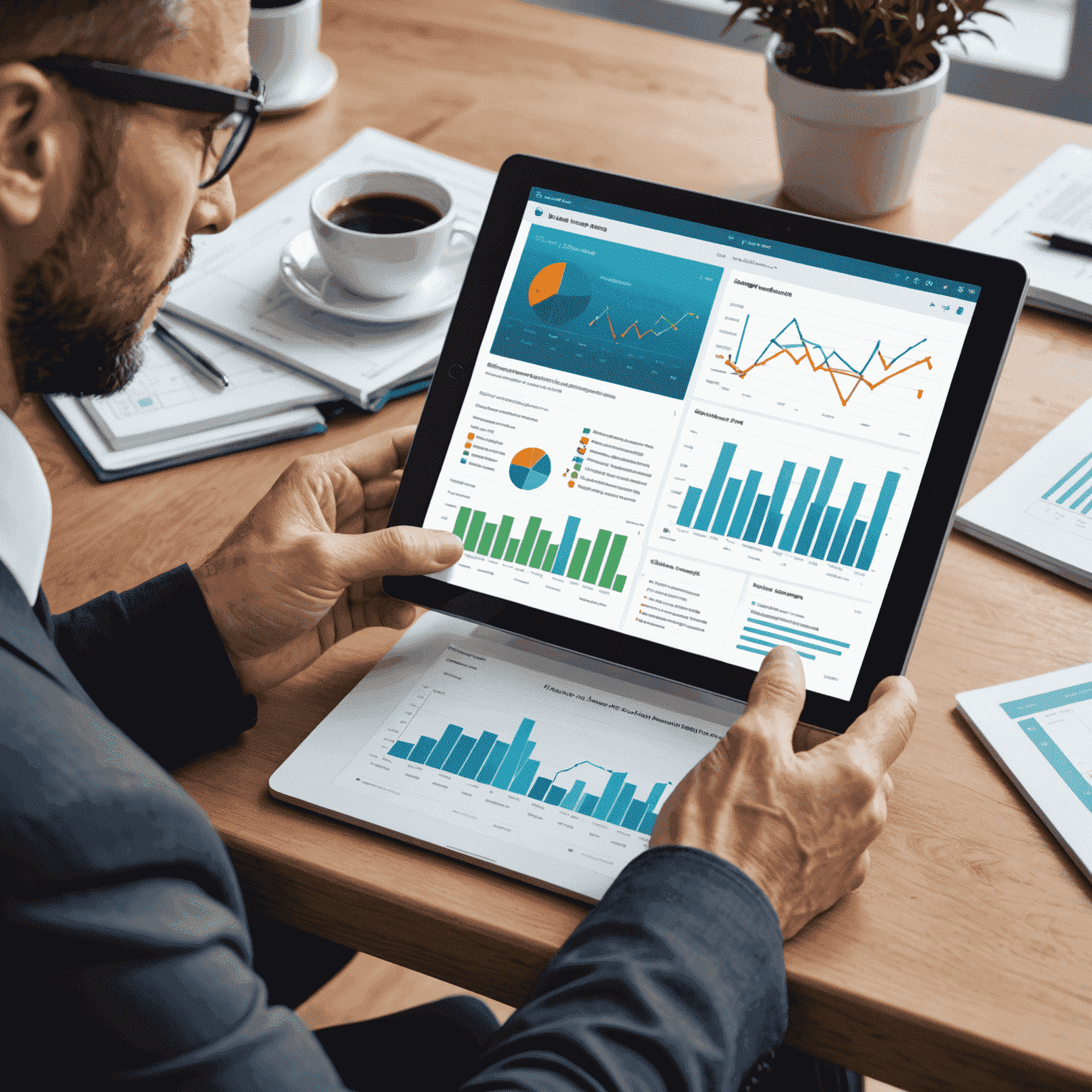 A split-screen image showing a professional using the Alliant online platform on a tablet, with graphs and charts representing successful placements and career growth