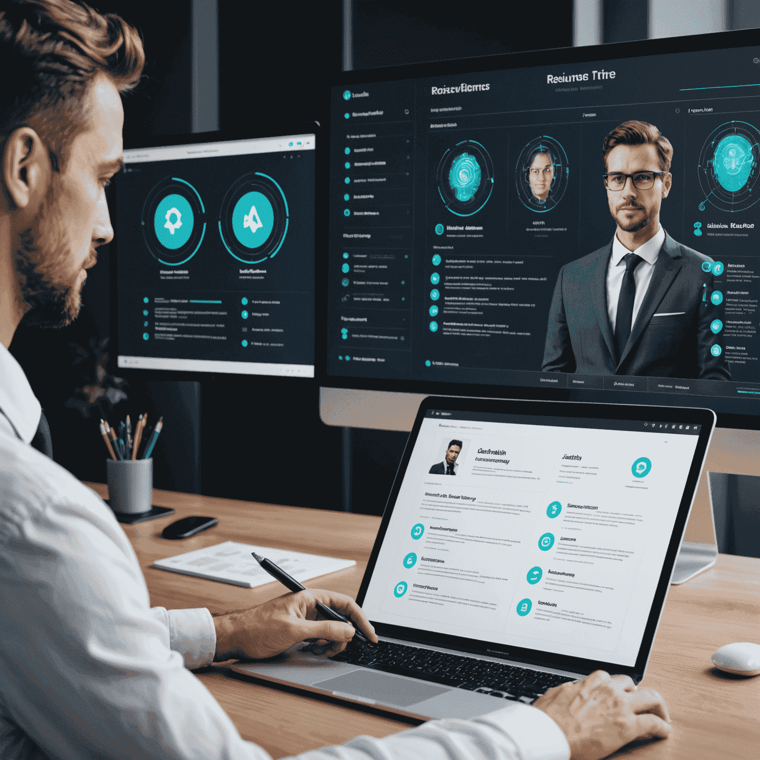 A futuristic interface showing AI analyzing resumes and matching candidates to job positions
