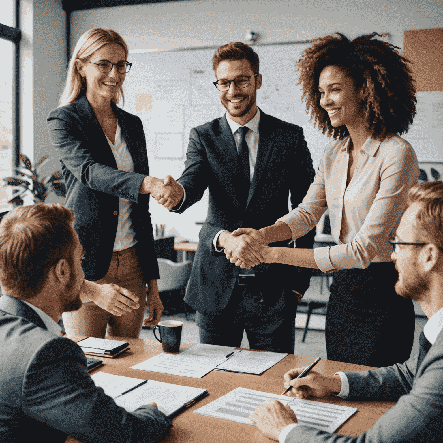 A montage of successful career outcomes: a handshake sealing a job offer, a person giving a presentation, and a group celebrating a promotion