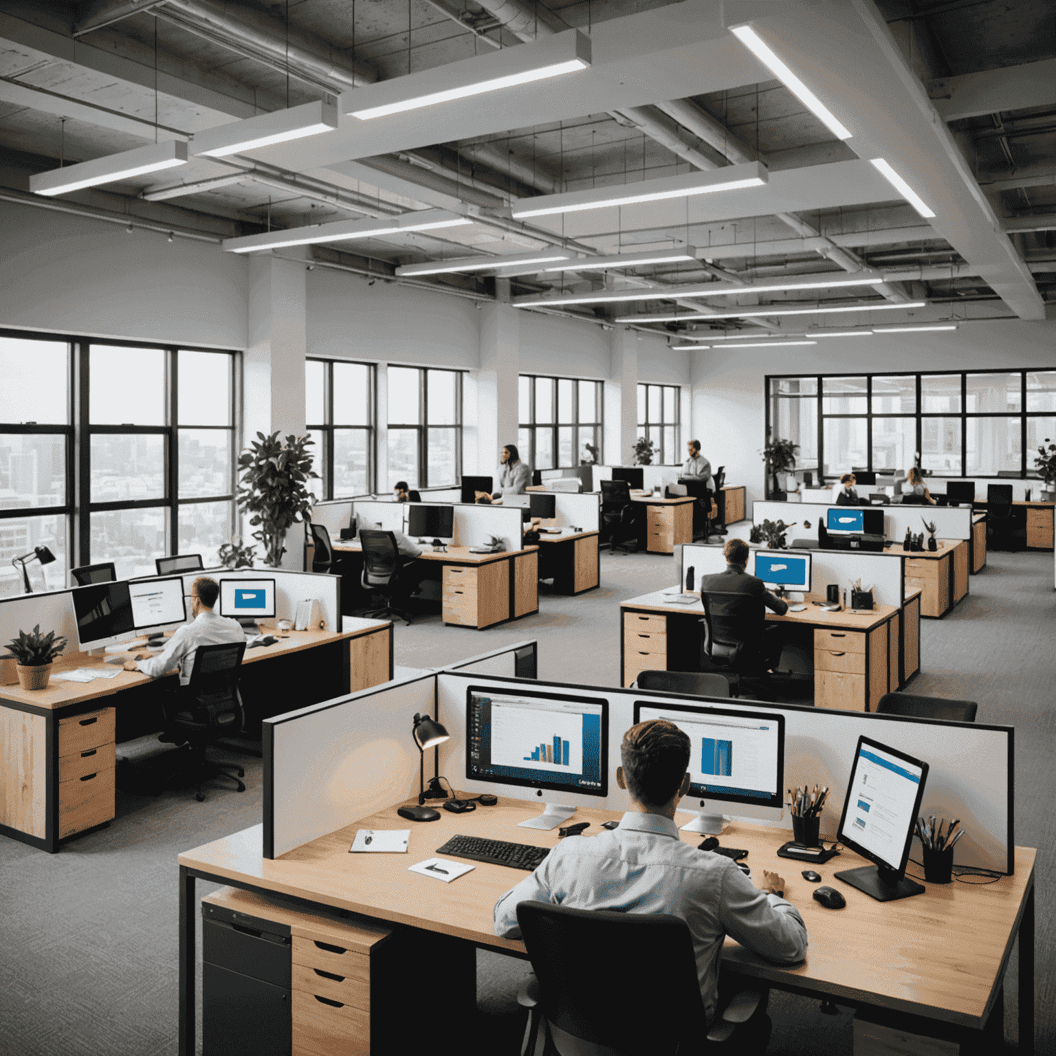 A modern office space with people working on computers, representing the latest industry trends in recruitment and job market