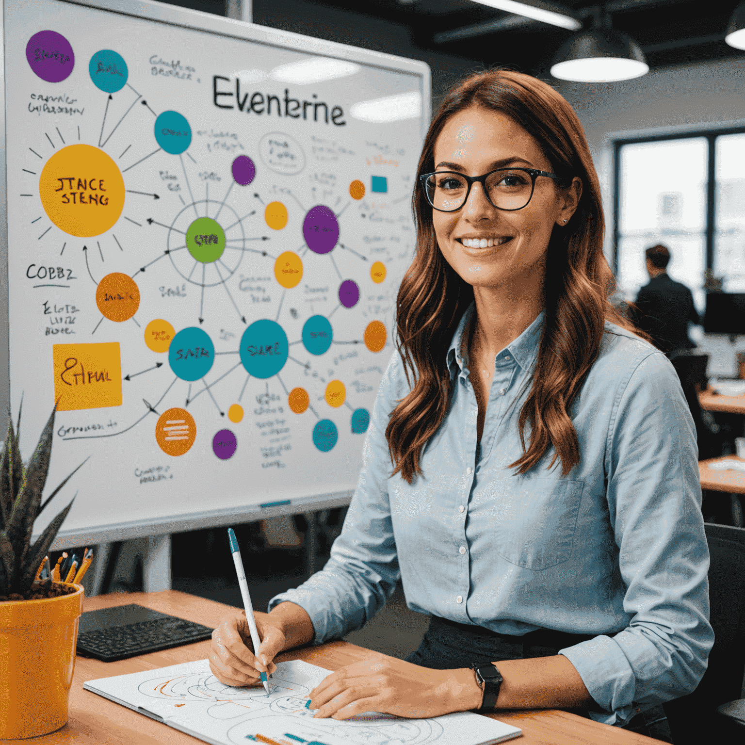 Elena R. working enthusiastically at a vibrant startup office, collaborating with a diverse team on a whiteboard filled with innovative ideas