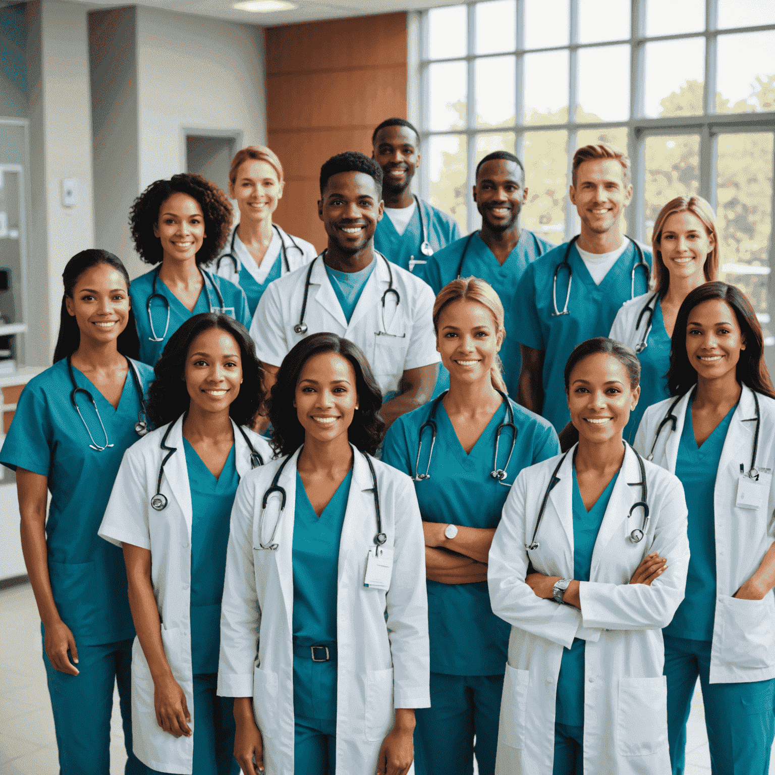 A team of healthcare professionals, including doctors and nurses, in a modern hospital setting. The image represents the diverse roles in healthcare and the importance of skilled medical staffing.