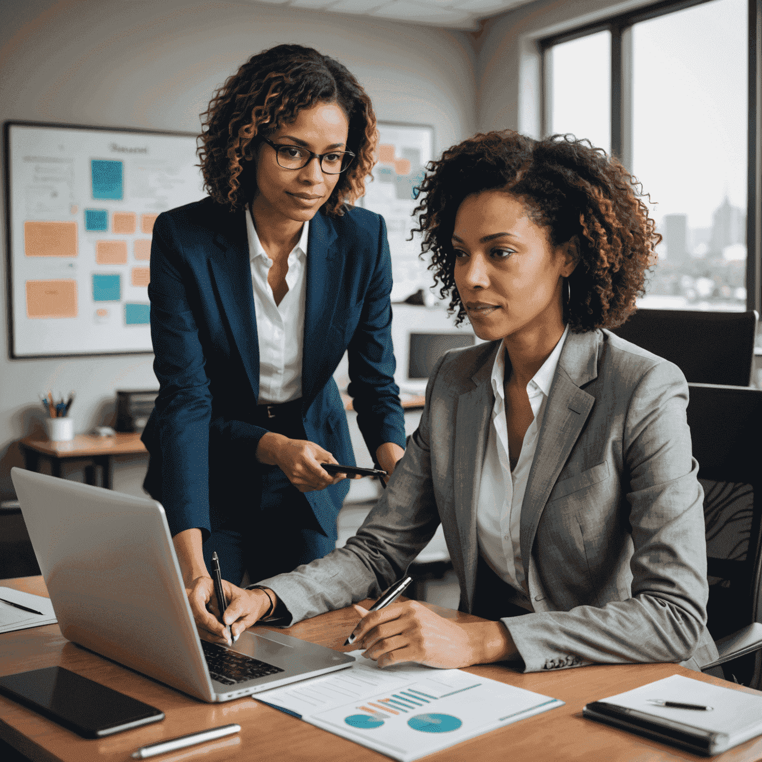 A career coach working one-on-one with a client in a professional office setting. The image depicts guidance, mentorship, and personal development in a career context.